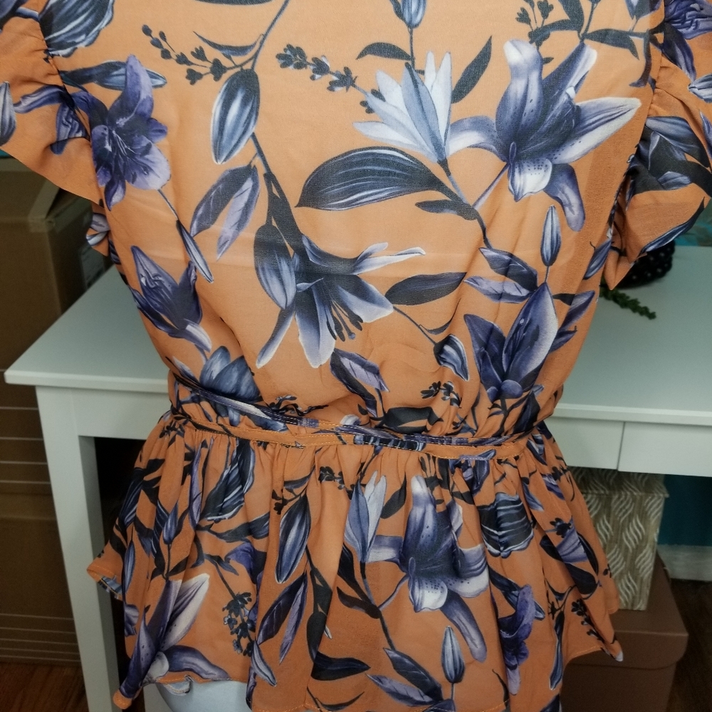 Wayward Fancies Wrap Blouse Orange Blue Floral - Picture 8 of 13